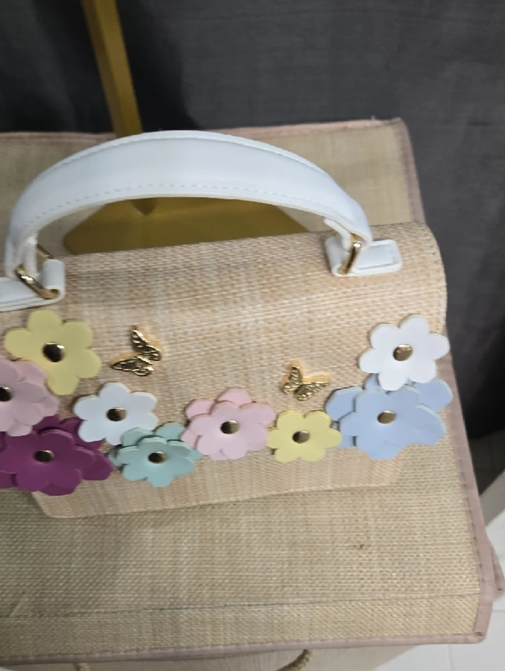 SALE! NWOT! Betsey Johnson Beige Straw Satchel with Flower Accents